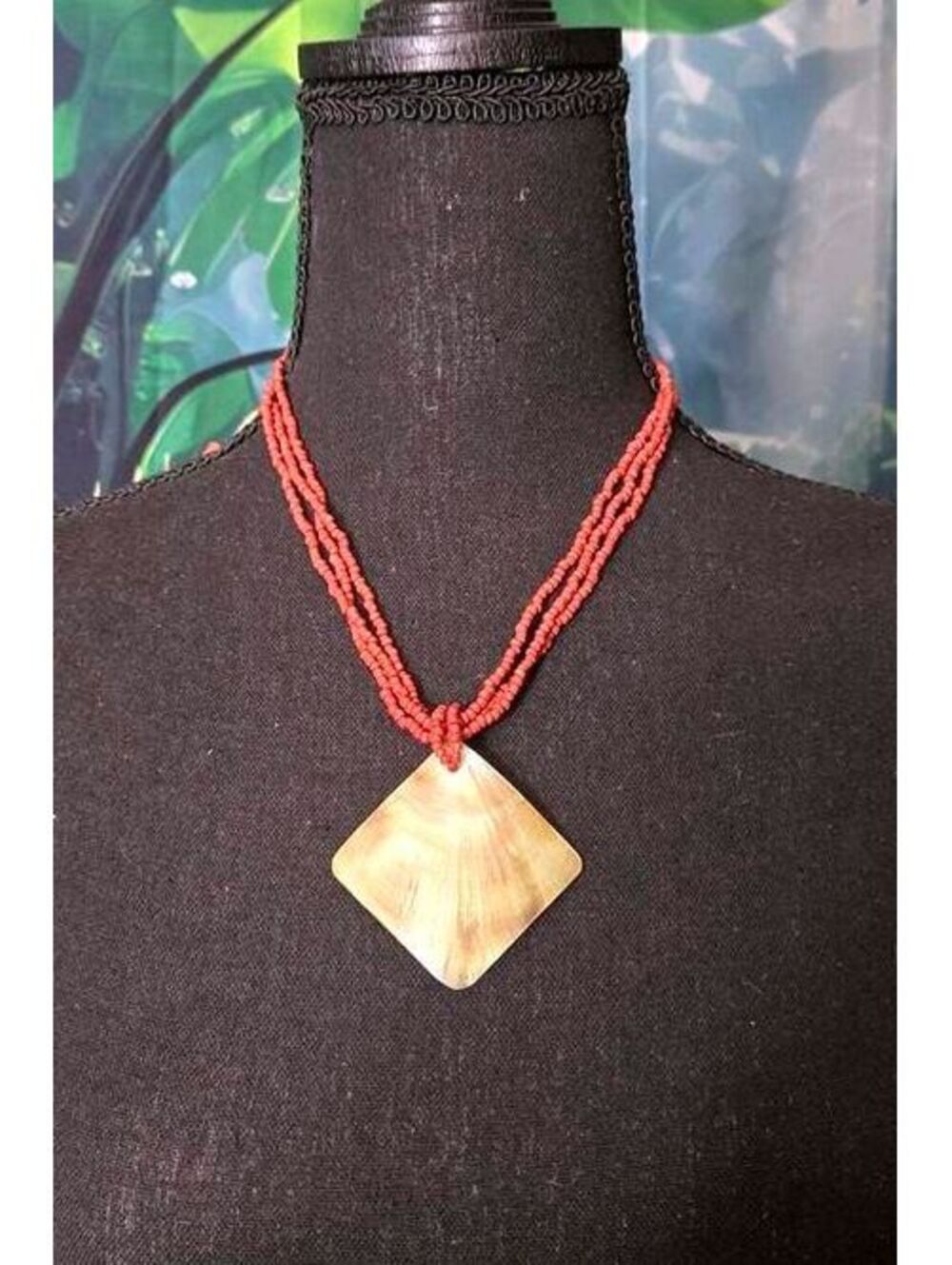3 Strand Red Beaded Necklace with Diamond-Shaped Mother of Pearl Shell Pendant